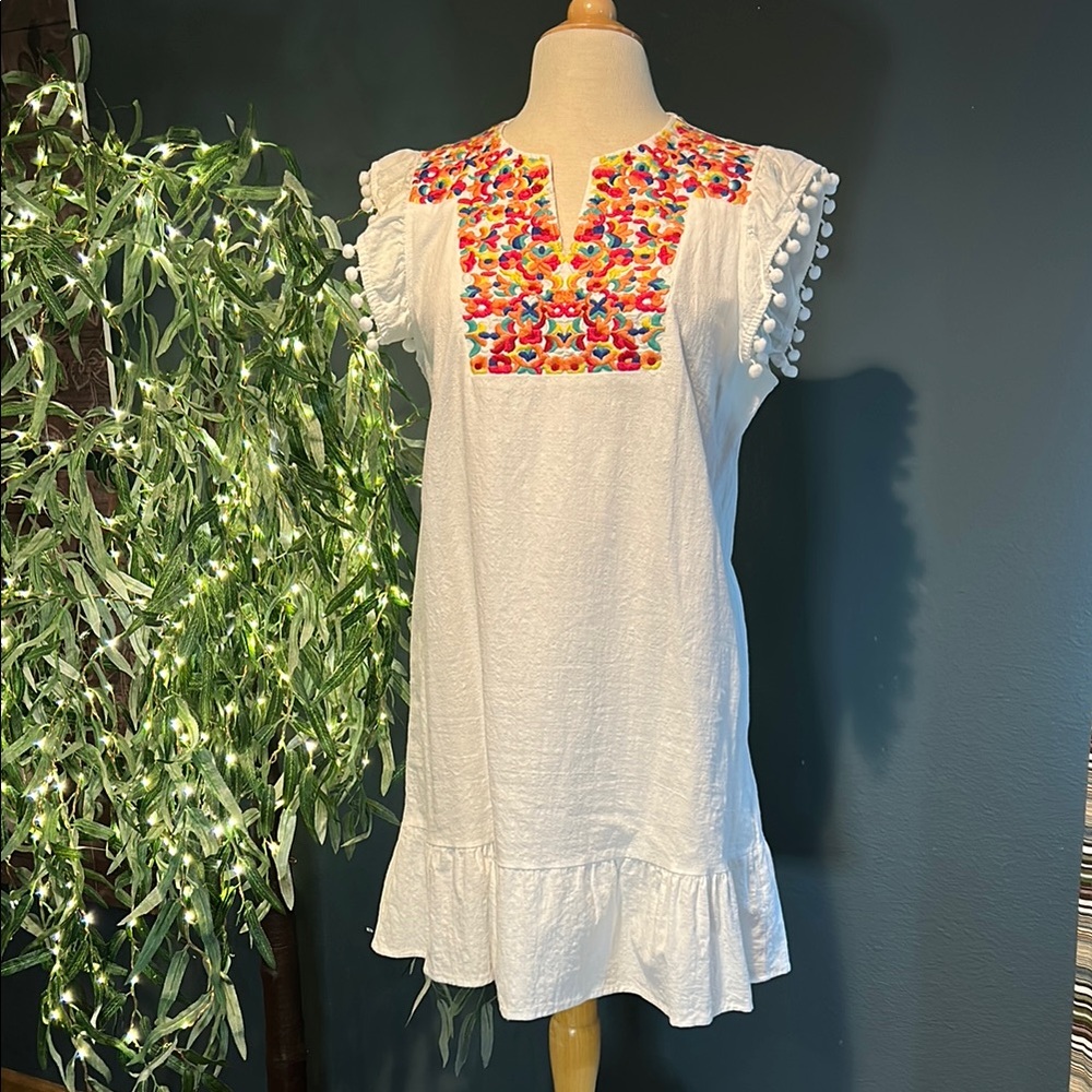 Boho Print Pompom Sleeve Shift Dress